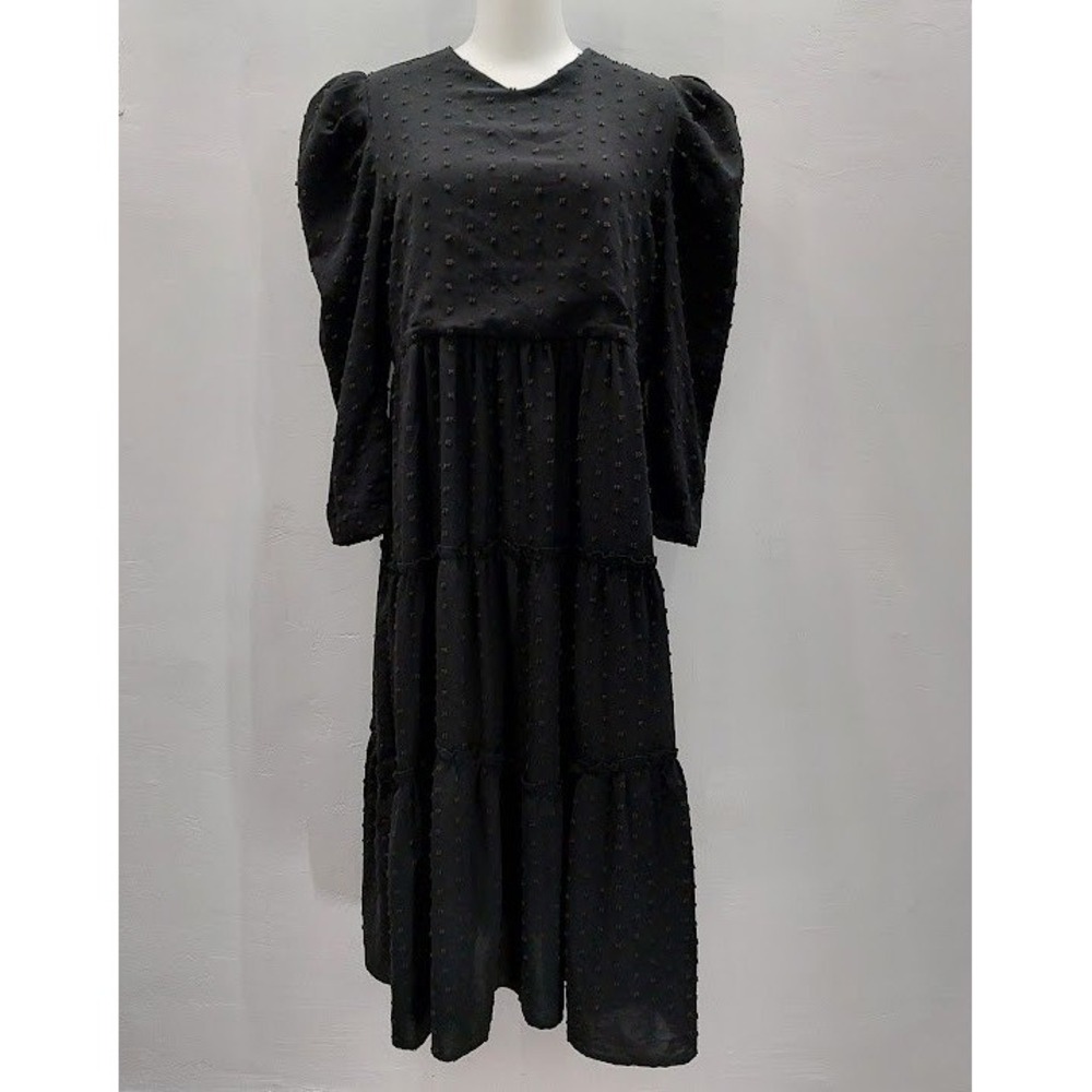 Ava & Lu Swiss Dot Tiered Midi Dress Women's XL Black Puff Sleeve Babydoll Goth